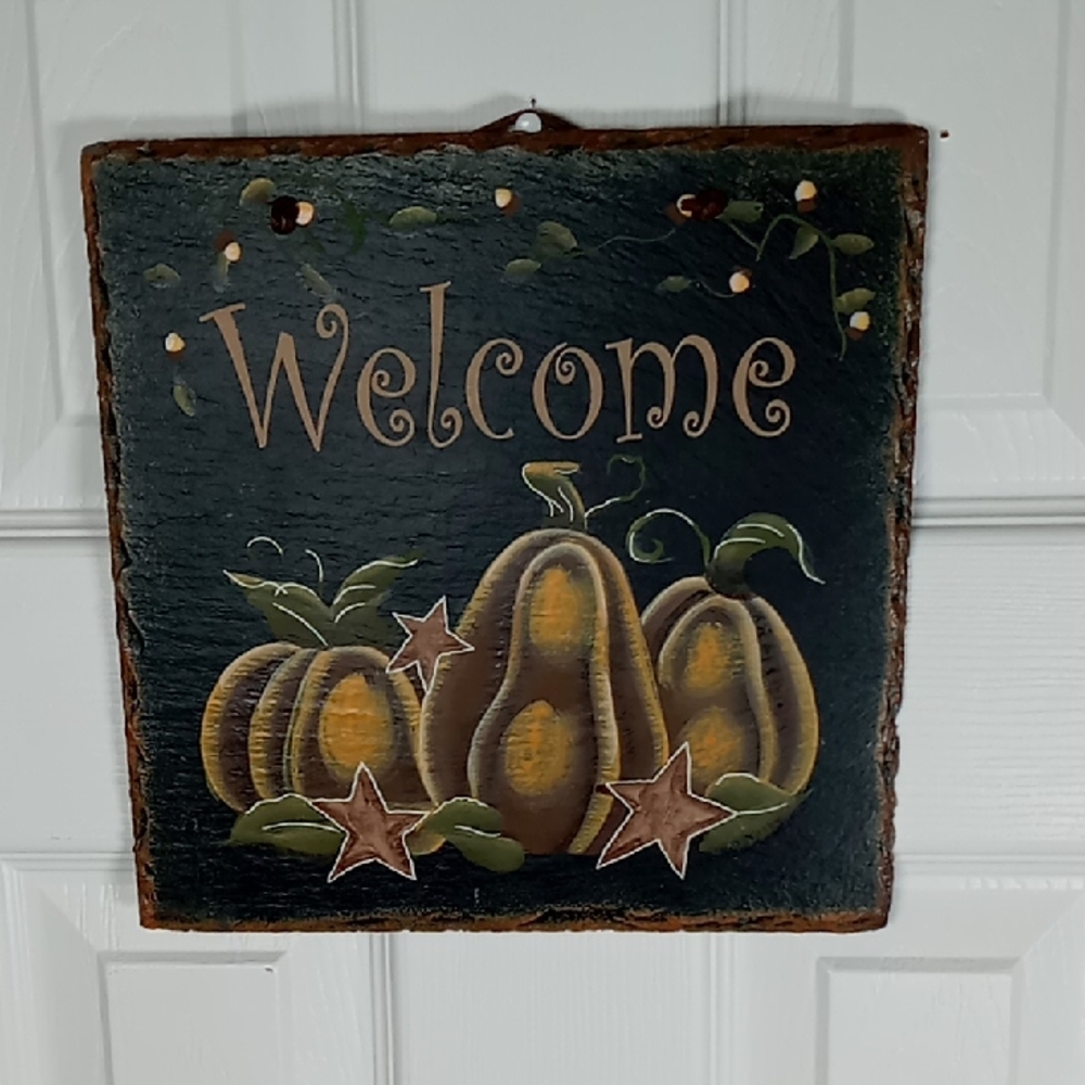 Rustic Fall Autumn Slate Tile Welcome Sign With Pumpkins 10" x 10"